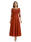 Mother of The Groom Dress Off Shoulder 3/4 Sleeve Lace Satin Midi Gown Classy Pleated