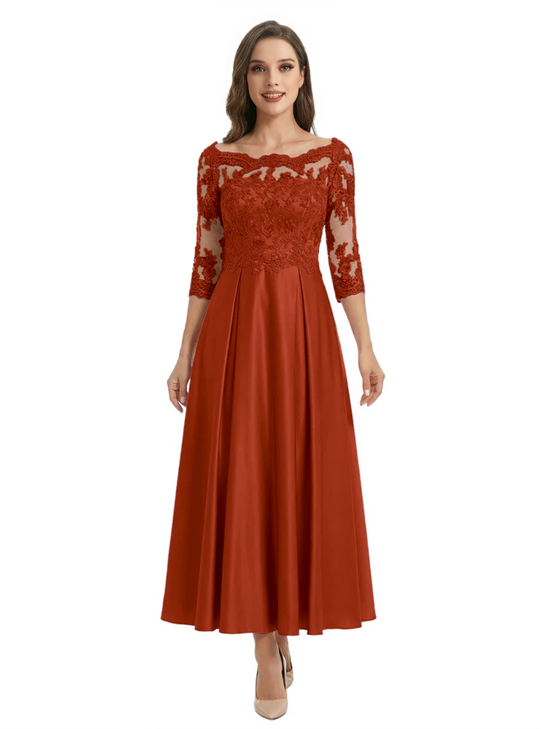 Mother of The Groom Dress Off Shoulder 3/4 Sleeve Lace Satin Midi Gown Classy Pleated