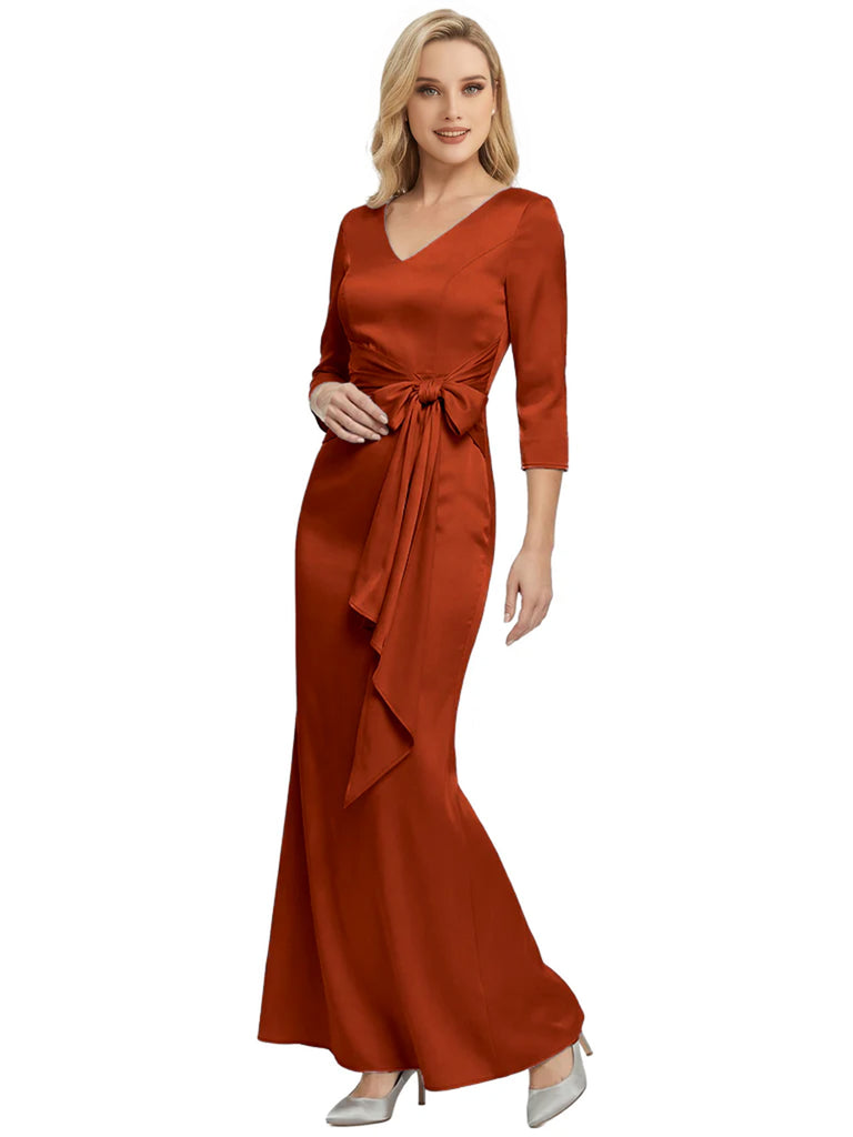 Mother of The Bride Dress Elegant V-Neck 3/4 Sleeve Satin Trumpet Maxi Gown