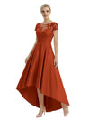 Elegant Mother of The Bride Dress Scoop Short Sleeve Lace Satin High-Low A-Line Gown