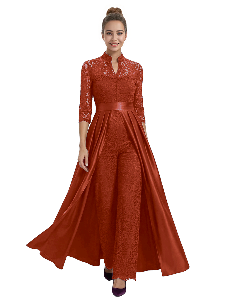 Mother of The Groom Outfit V-Neck 3/4 Sleeve Lace Pantsuit Satin Overskirt
