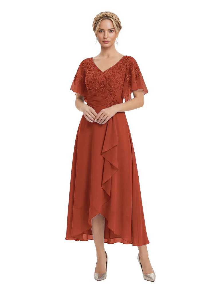 Unique Flutter Sleeves Lace Beaded Short Mother of the Groom Dresses