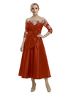 Unique Off Shoulder Tea-Length Satin Mother Of The Bride Dress With Lace Illusion
