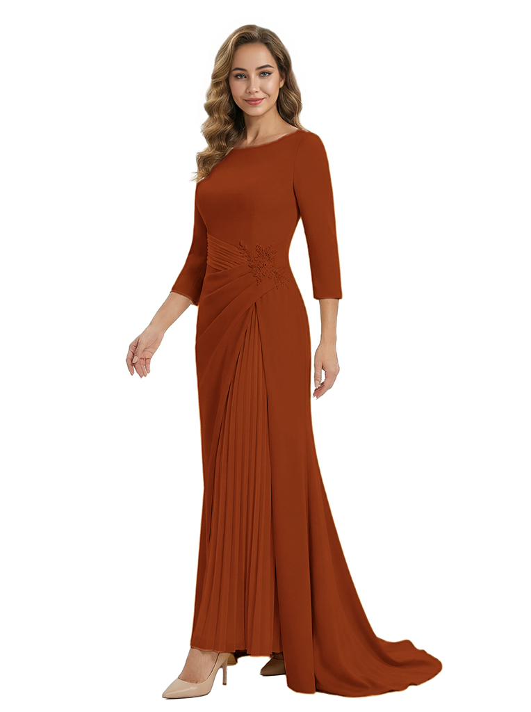 Mother of The Groom Dress Elegant Crew Scoop 3/4 Sleeve Crepe Maxi Gown Pleated Detail Classy Look