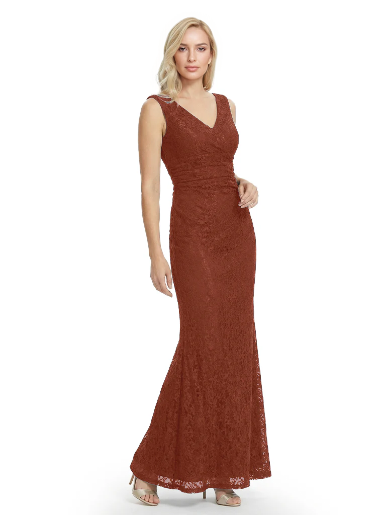Mother of The Bride Dresses V-Neck Sleeveless Lace Mermaid Maxi Gown Elegant Flowy Formal Wedding Event Dress