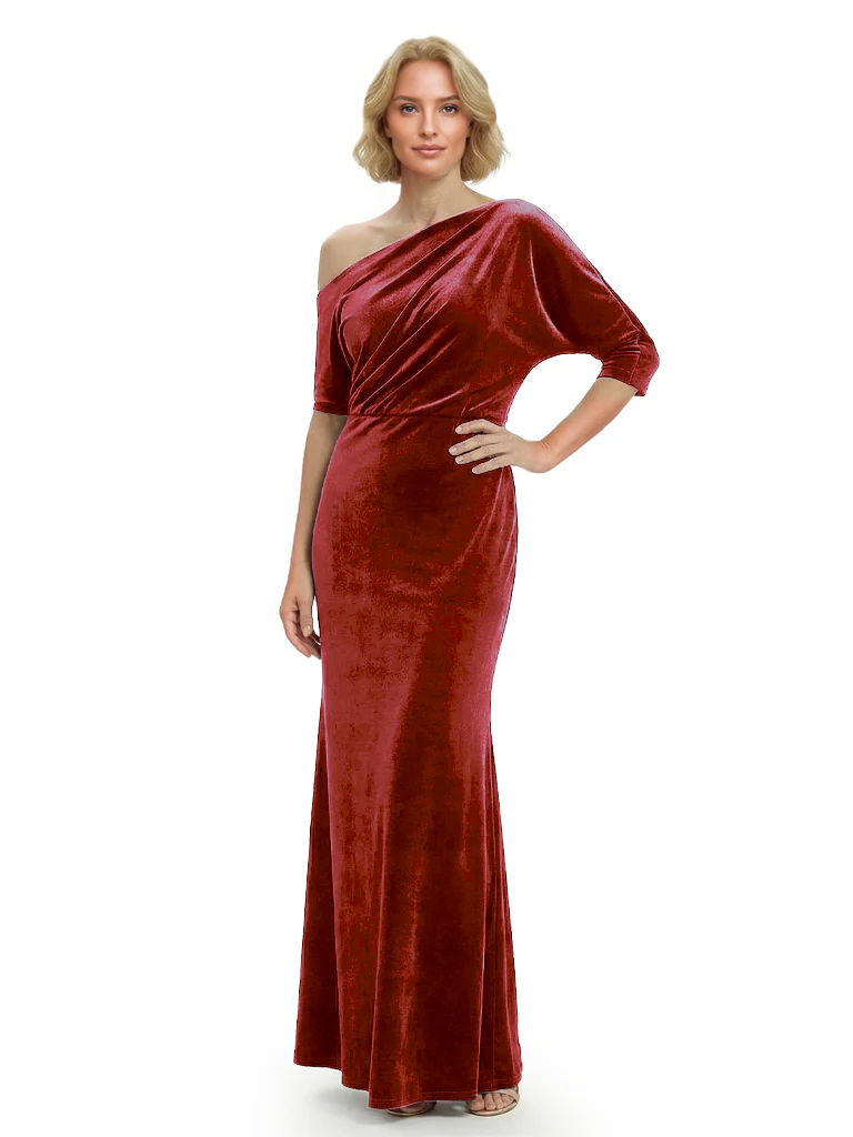 Sophisticated Asymmetrical Neckline Velvet Half Sleeves Maxi Mother Of The Groom Dress