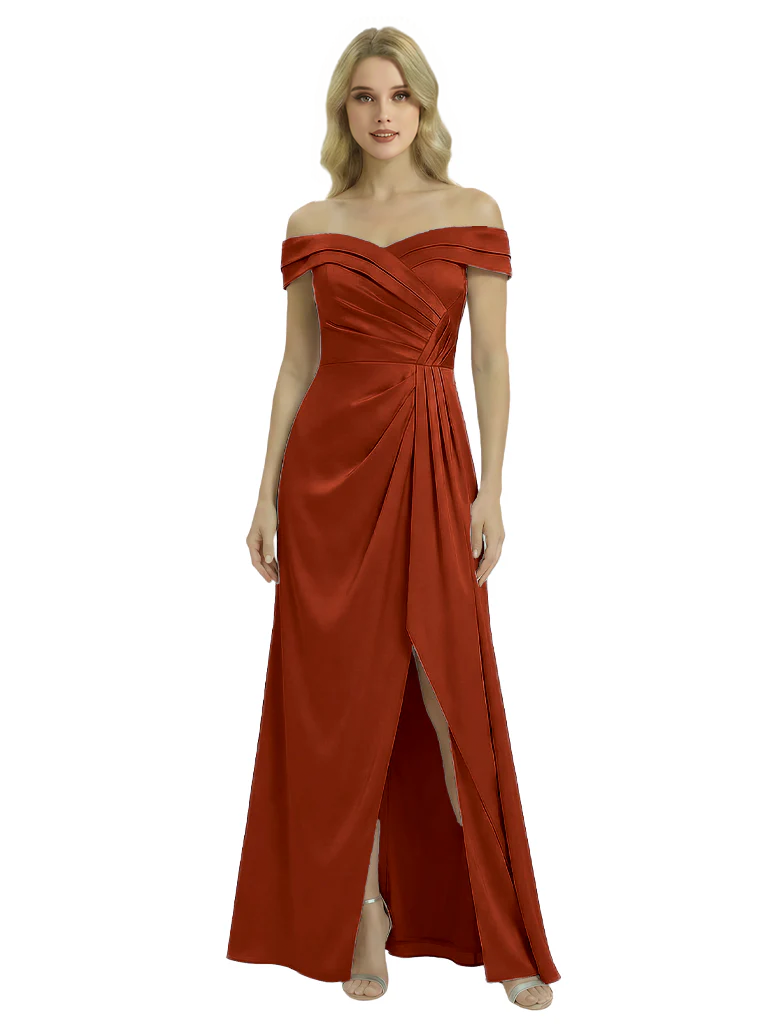 Off The Shoulder Mother Of The Groom Dresses Side Slit Satin Ruched A-Line Gown