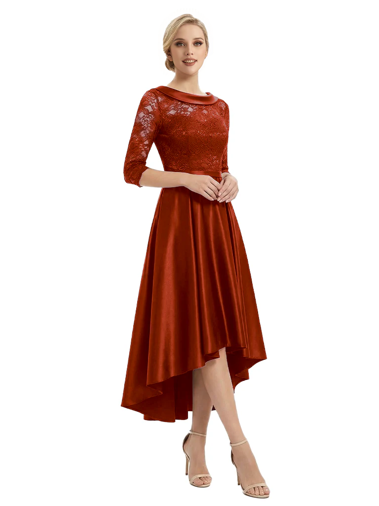 Elegant Boat Neck Satin Lace Mother Of The Bride Dresses High-Low A-Line Gowns