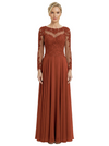 Mother of The Bride Dresses Scoop Long Sleeve Lace Chiffon Maxi Gown Pretty Embroidered Formal Wedding Event Attire