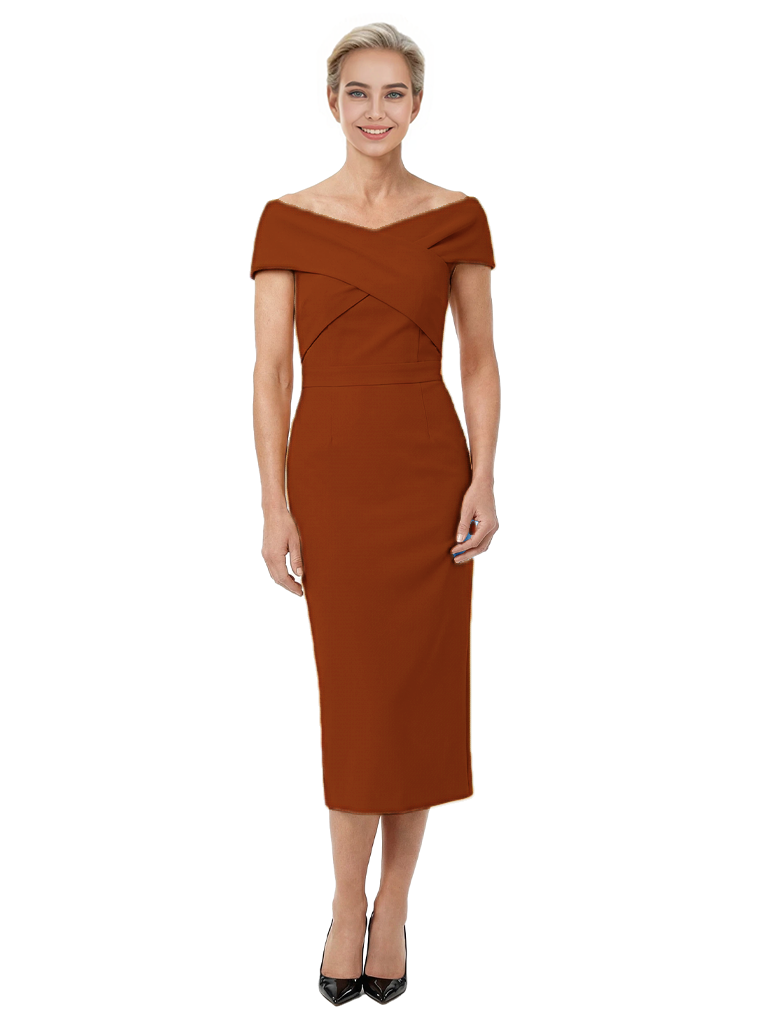 Mother of The Bride Dress Classy Off Shoulder Crepe Sheath Midi Gown Modern Wrap Detail