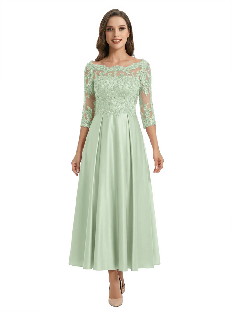 Mother of The Groom Dress Off Shoulder 3/4 Sleeve Lace Satin Midi Gown Classy Pleated