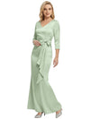 Mother of The Bride Dress Elegant V-Neck 3/4 Sleeve Satin Trumpet Maxi Gown