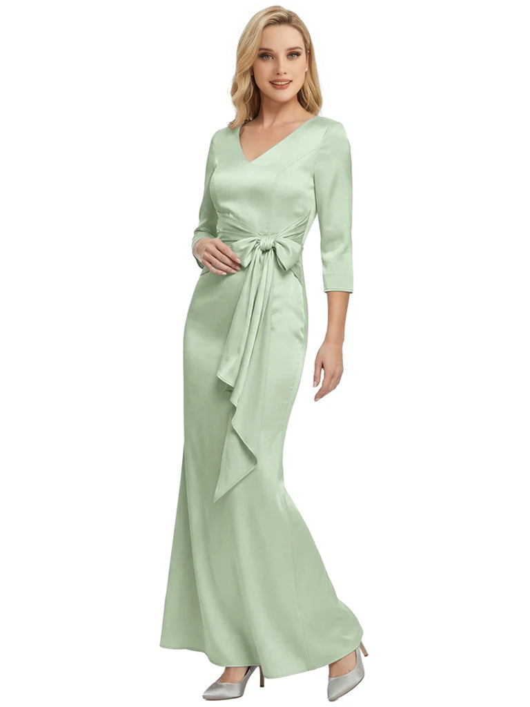 Mother of The Bride Dress Elegant V-Neck 3/4 Sleeve Satin Trumpet Maxi Gown