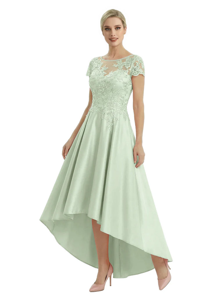 Elegant Mother of The Bride Dress Scoop Short Sleeve Lace Satin High-Low A-Line Gown