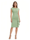 Mother of The Bride Dress Beautiful Jewel Cap Sleeve Crepe Sheath Midi Gown Ruffled Stylish Design