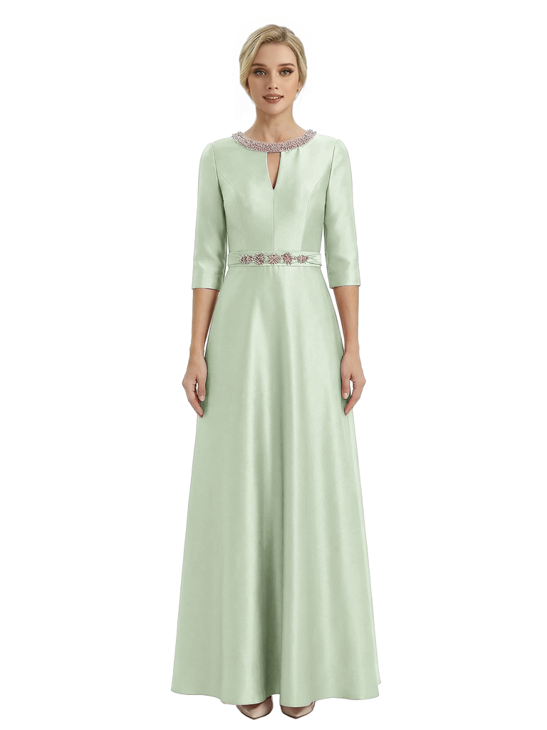 Sophisticated 3/4 Sleeves Beaded A-Line Satin Mother Of The Bride Dress