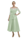 Unique Off Shoulder Tea-Length Satin Mother Of The Bride Dress With Lace Illusion