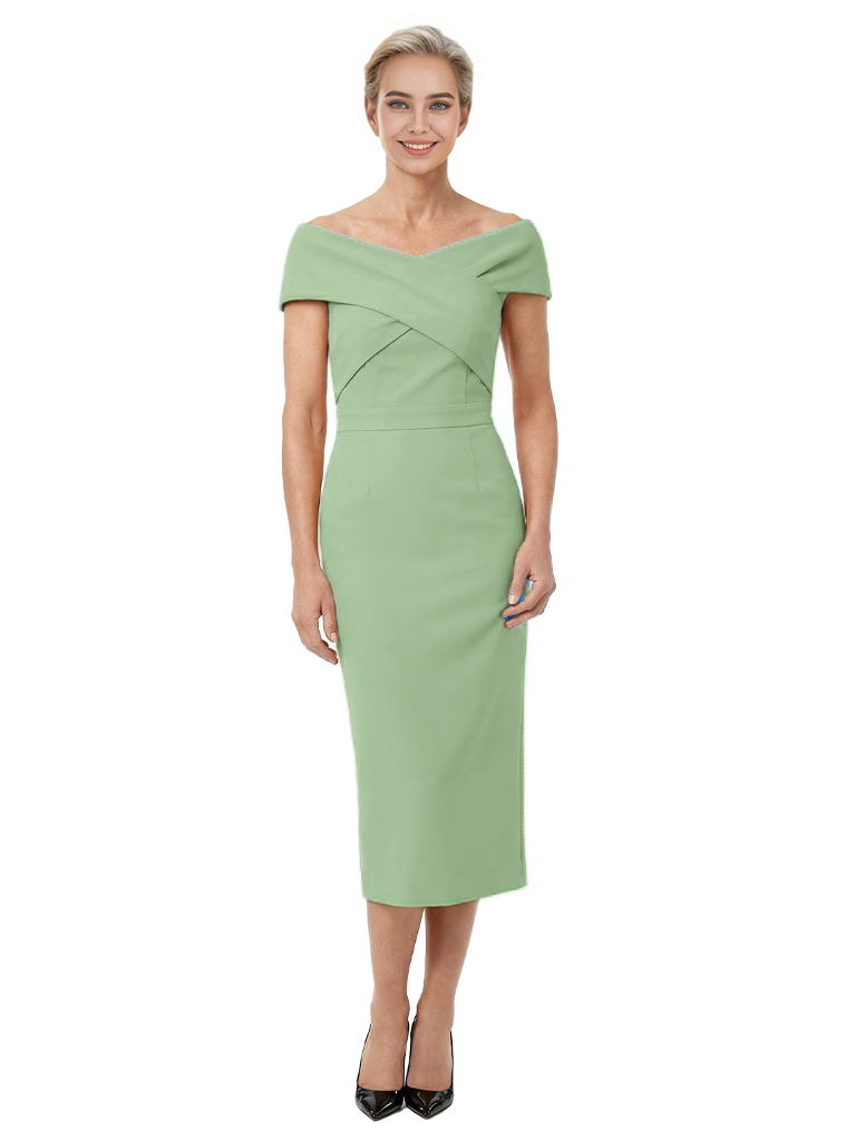 Mother of The Bride Dress Classy Off Shoulder Crepe Sheath Midi Gown Modern Wrap Detail