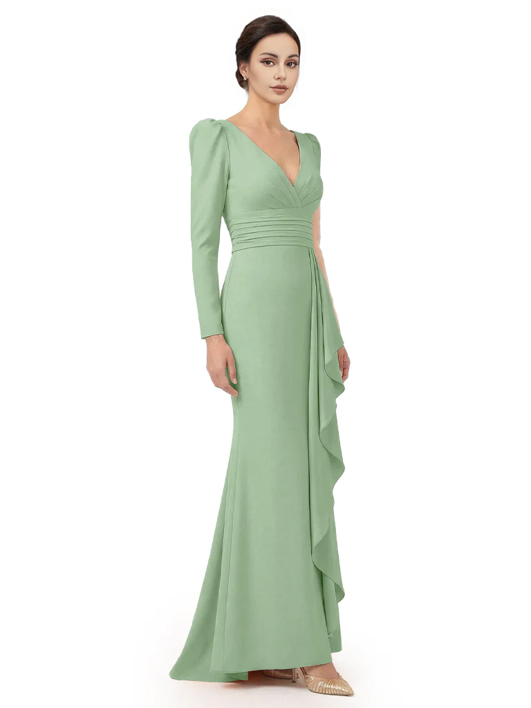 V-Neck Long Sleeves Ruffle Crepe Mother Of The Groom Dress Mermaid