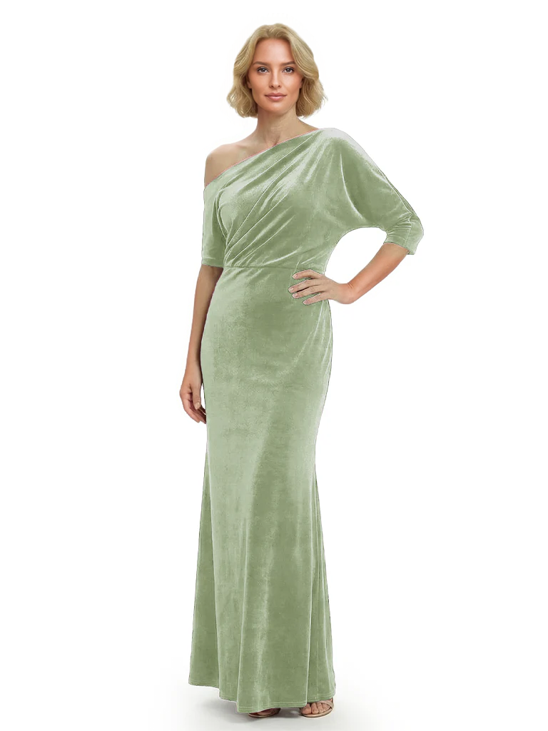 Sophisticated Asymmetrical Neckline Velvet Half Sleeves Maxi Mother Of The Groom Dress