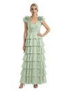 Mother of The Bride Dresses V-Neck Sleeveless Satin Tiered Maxi Gown Unique Flower Detailed Formal Wedding Event Attire