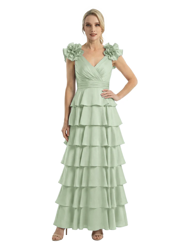 Mother of The Bride Dresses V-Neck Sleeveless Satin Tiered Maxi Gown Unique Flower Detailed Formal Wedding Event Attire