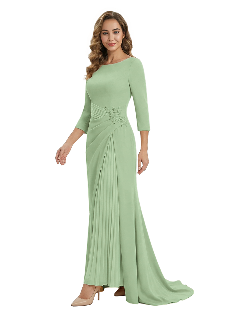 Mother of The Groom Dress Elegant Crew Scoop 3/4 Sleeve Crepe Maxi Gown Pleated Detail Classy Look