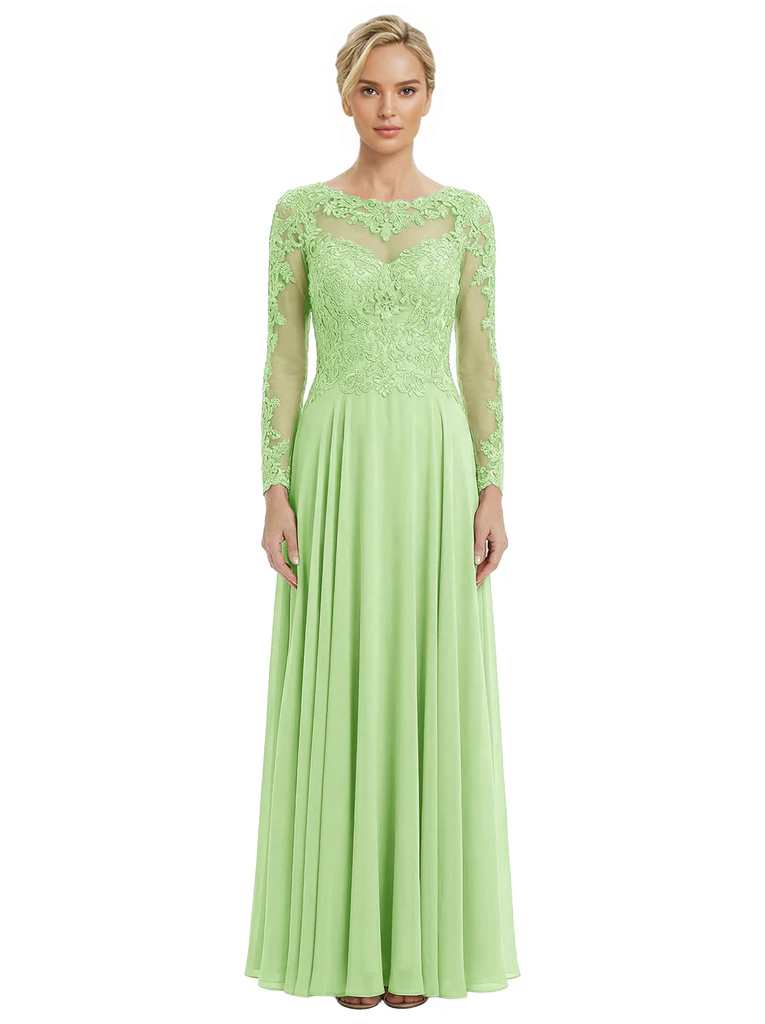 Mother of The Bride Dresses Scoop Long Sleeve Lace Chiffon Maxi Gown Pretty Embroidered Formal Wedding Event Attire