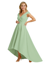 Mother of The Groom Dress Fancy Cap Sleeve Crepe High-Low A-Line Gown Elegant Belt Accent