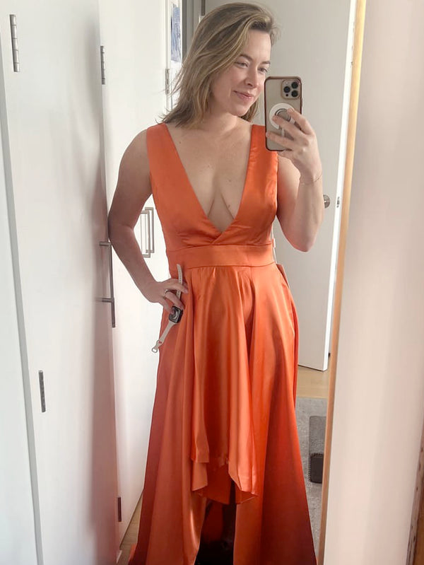 Elegant A-Line V-Neck Long Soft Satin Bridesmaid Dresses Online