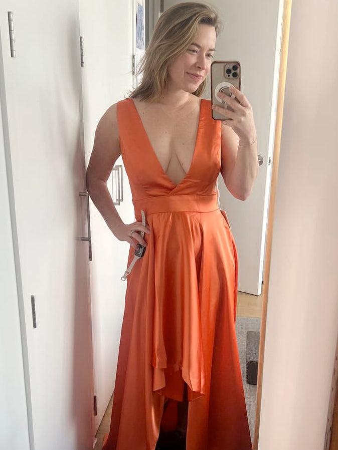 Elegant A-Line V-Neck Long Soft Satin Bridesmaid Dresses Online Elegant A-Line V-Neck Long Soft Satin Bridesmaid Dresses Online
