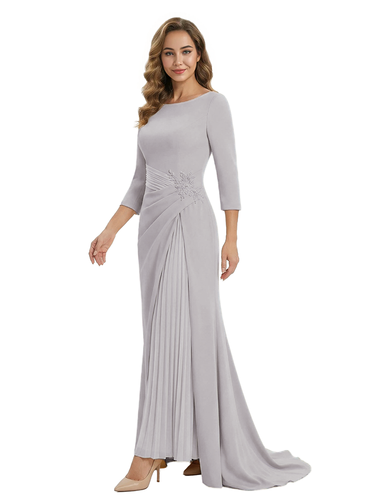 Mother of The Groom Dress Elegant Crew Scoop 3/4 Sleeve Crepe Maxi Gown Pleated Detail Classy Look