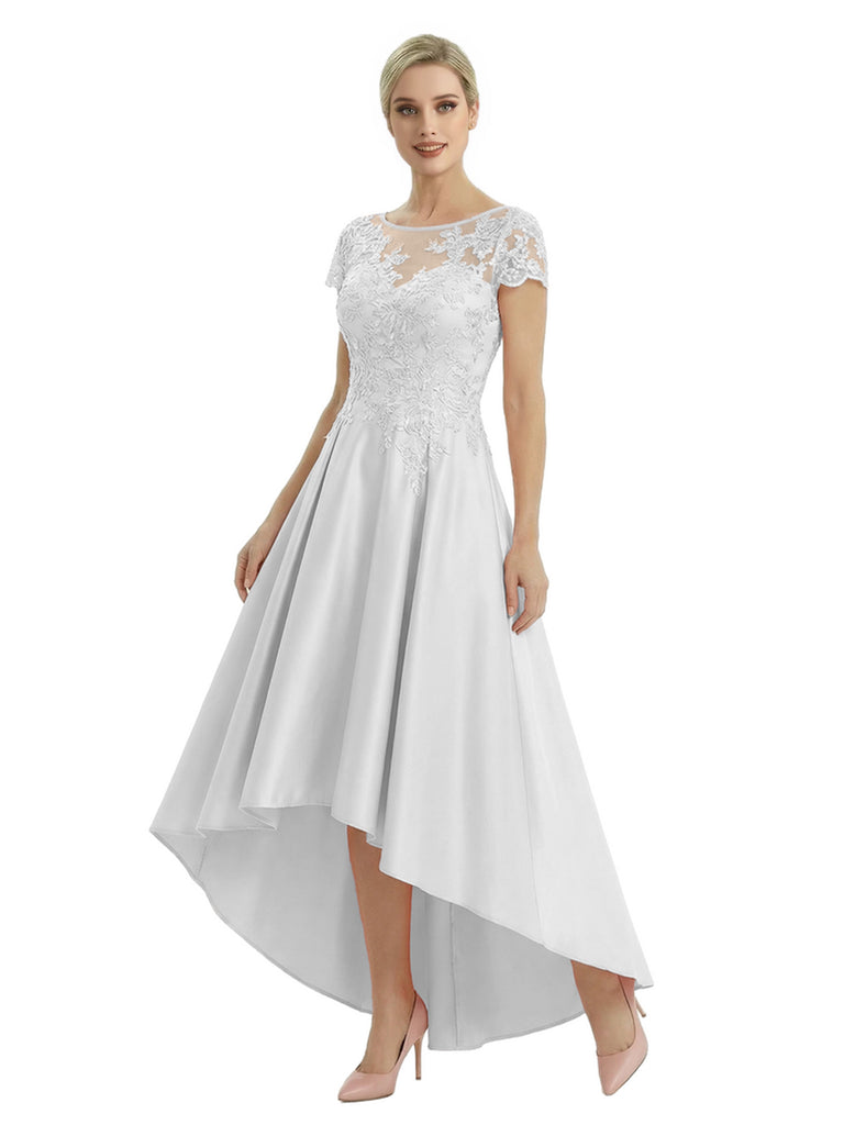 Elegant Mother of The Bride Dress Scoop Short Sleeve Lace Satin High-Low A-Line Gown