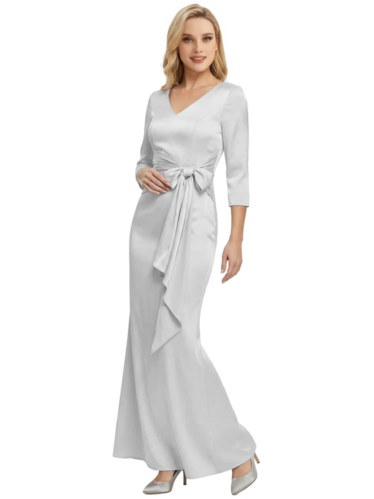 Mother of The Bride Dress Elegant V-Neck 3/4 Sleeve Satin Trumpet Maxi Gown
