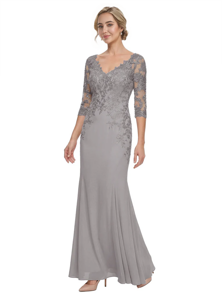 Mother of The Bride Gown V-Neck Half Sleeve Lace Chiffon Trumpet Maxi Dress Unique Sophisticated