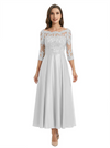 Mother of The Groom Dress Off Shoulder 3/4 Sleeve Lace Satin Midi Gown Classy Pleated