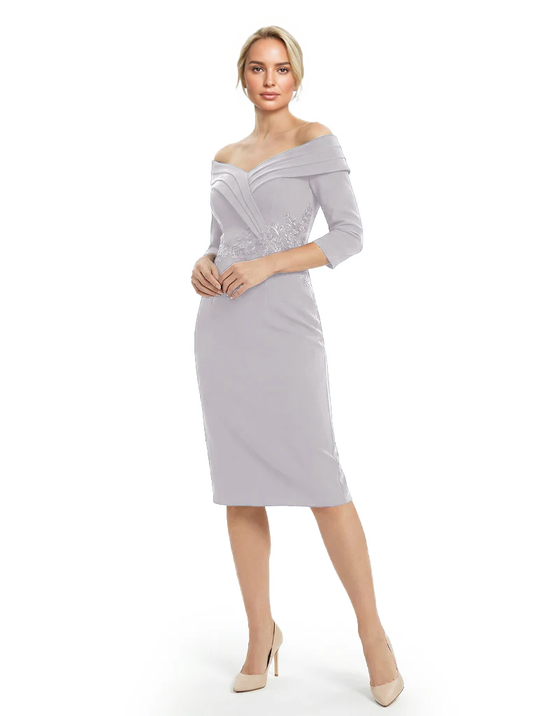 Mother of The Groom Dresses Off The Shoulder 3/4 Sleeve Satin Sheath Midi Dress Pretty Lace Detailed Formal Bridal Party Attire