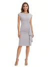 Mother of The Bride Dress Beautiful Jewel Cap Sleeve Crepe Sheath Midi Gown Ruffled Stylish Design
