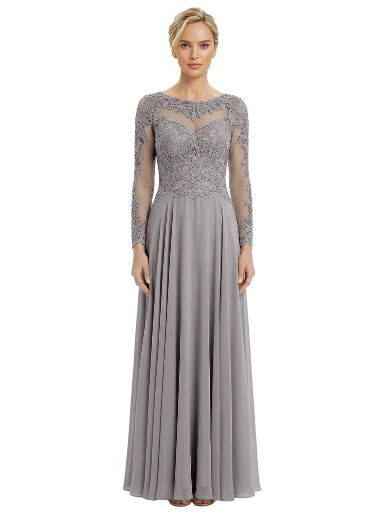 Mother of The Bride Dresses Scoop Long Sleeve Lace Chiffon Maxi Gown Pretty Embroidered Formal Wedding Event Attire