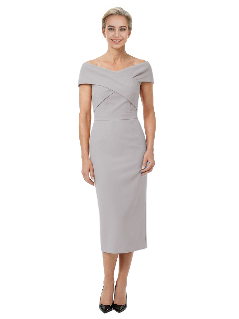 Mother of The Bride Dress Classy Off Shoulder Crepe Sheath Midi Gown Modern Wrap Detail