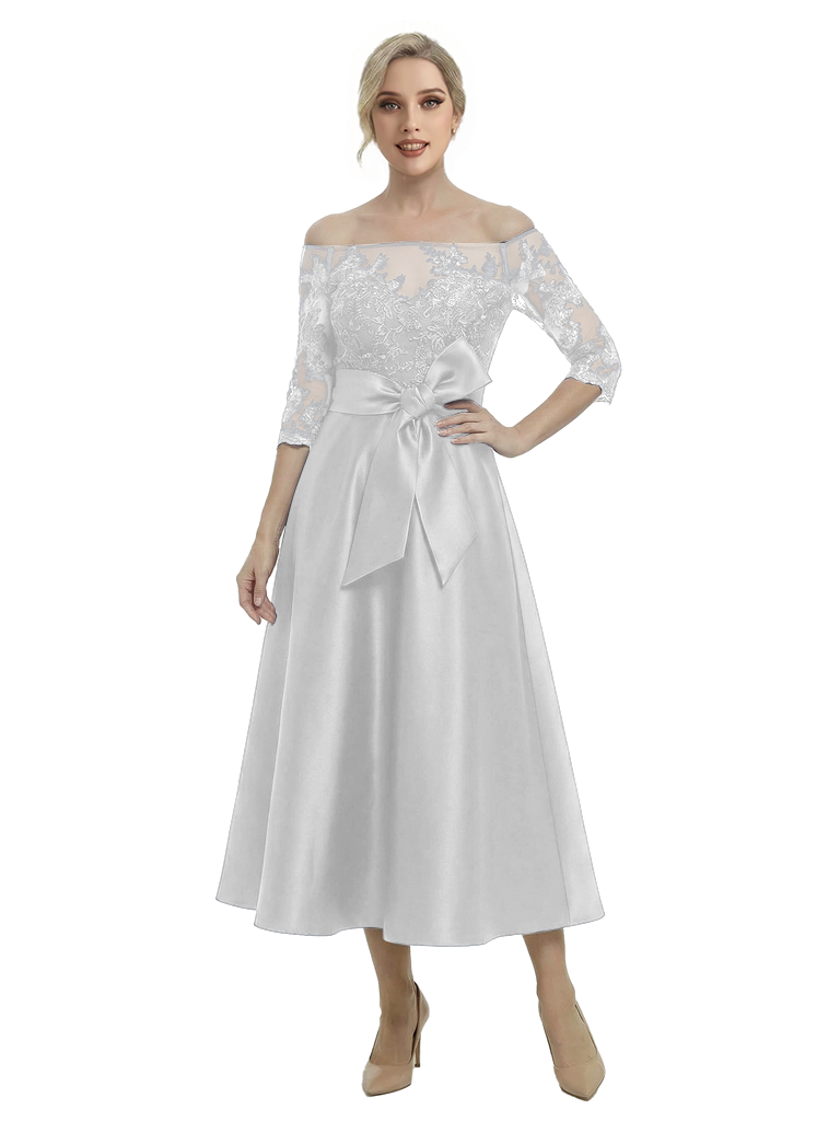 Unique Off Shoulder Tea-Length Satin Mother Of The Bride Dress With Lace Illusion