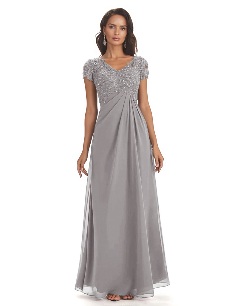 Elegant Short Sleeves Beaded Pleats A-line Floor-Length Mother of The Bride Dresses