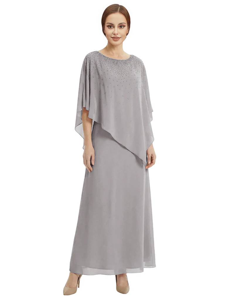 Classy Beaded Chiffon Overlay Poncho Style Mother of the Bride Gown