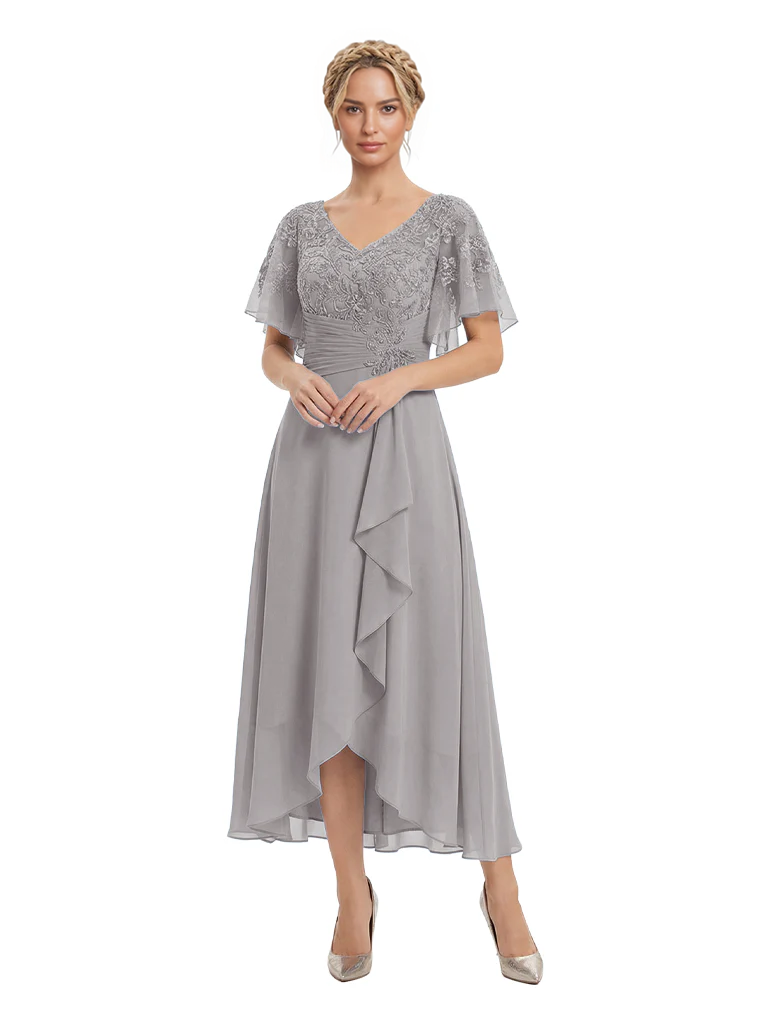 Unique Flutter Sleeves Lace Beaded Short Mother of the Groom Dresses