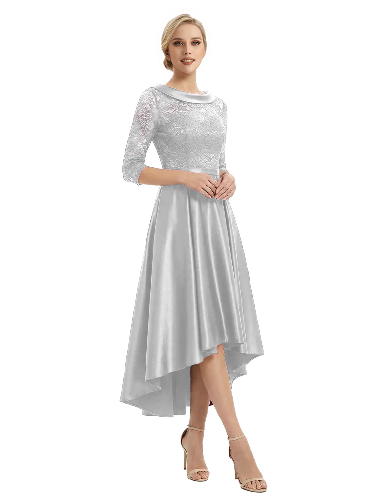 Elegant Boat Neck Satin Lace Mother Of The Bride Dresses High-Low A-Line Gowns