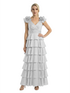 Mother of The Bride Dresses V-Neck Sleeveless Satin Tiered Maxi Gown Unique Flower Detailed Formal Wedding Event Attire