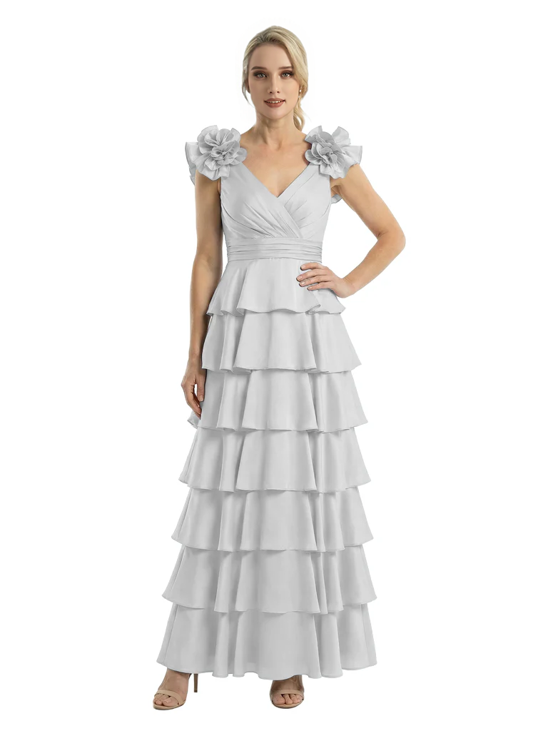 Mother of The Bride Dresses V-Neck Sleeveless Satin Tiered Maxi Gown Unique Flower Detailed Formal Wedding Event Attire