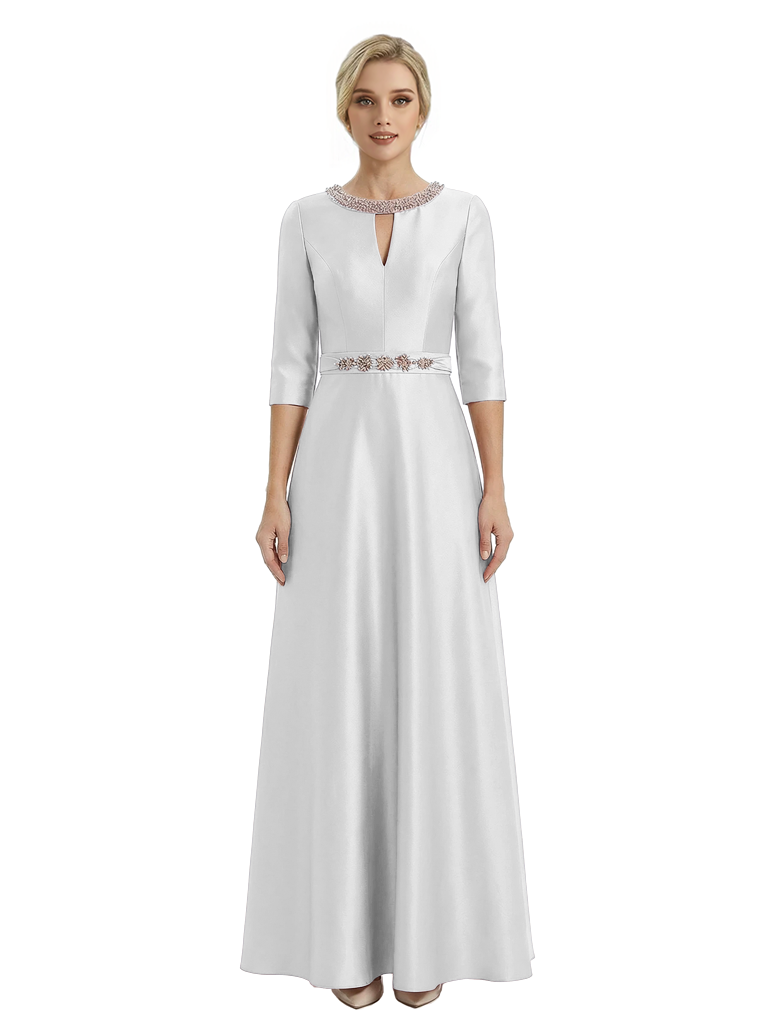 Sophisticated 3/4 Sleeves Beaded A-Line Satin Mother Of The Bride Dress