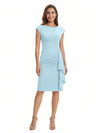 Mother of The Bride Dress Beautiful Jewel Cap Sleeve Crepe Sheath Midi Gown Ruffled Stylish Design