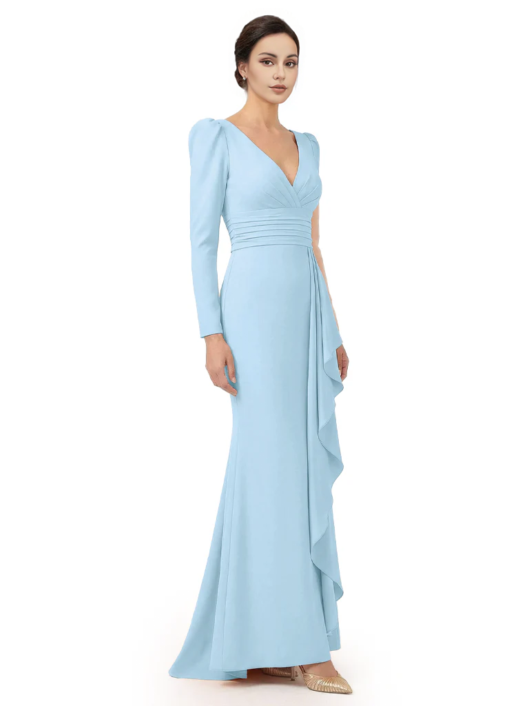 V-Neck Long Sleeves Ruffle Crepe Mother Of The Groom Dress Mermaid